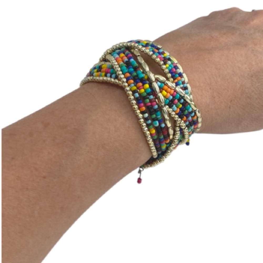 Handmade Multi Layered Inter-Twined Beaded Colorful Cuff Bracelet